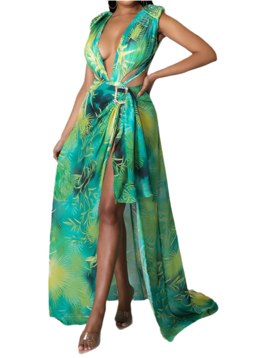 Floral Crystal Bodysuit & Wrap Skirt Set