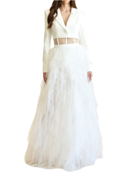 White Corset Mesh Skirt & Blazer Sets