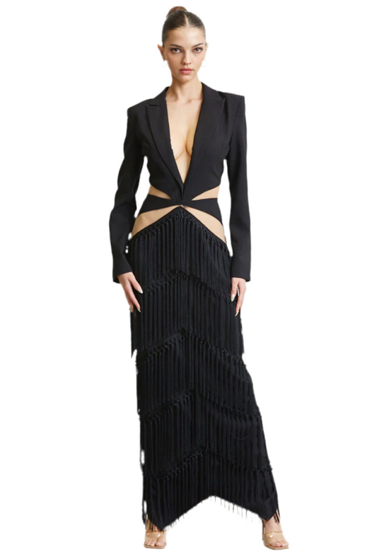 Black Cutout Tassel Fringe Split Dress
