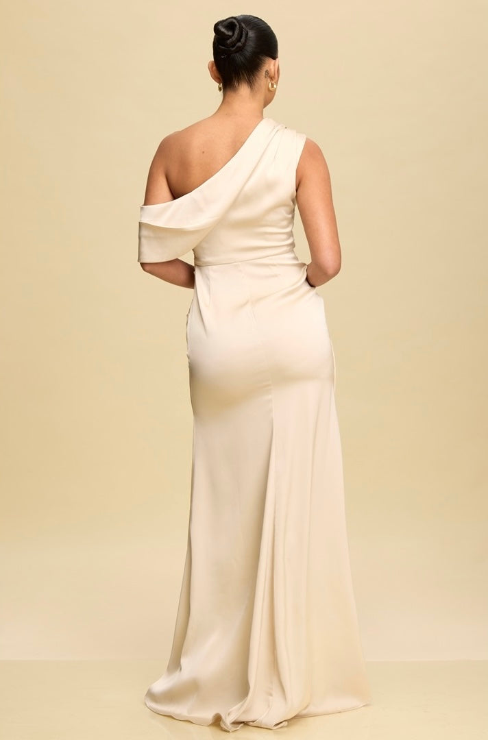 Satin Off Shoulder Split Dress