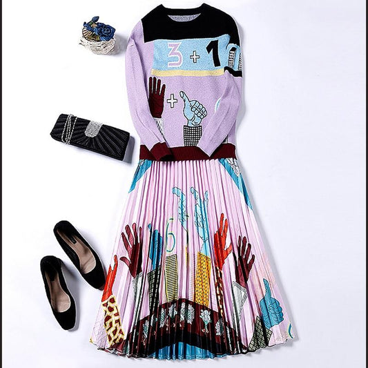 O-Neck Sweater Cartoon Patter Ruched 2 Piece Set