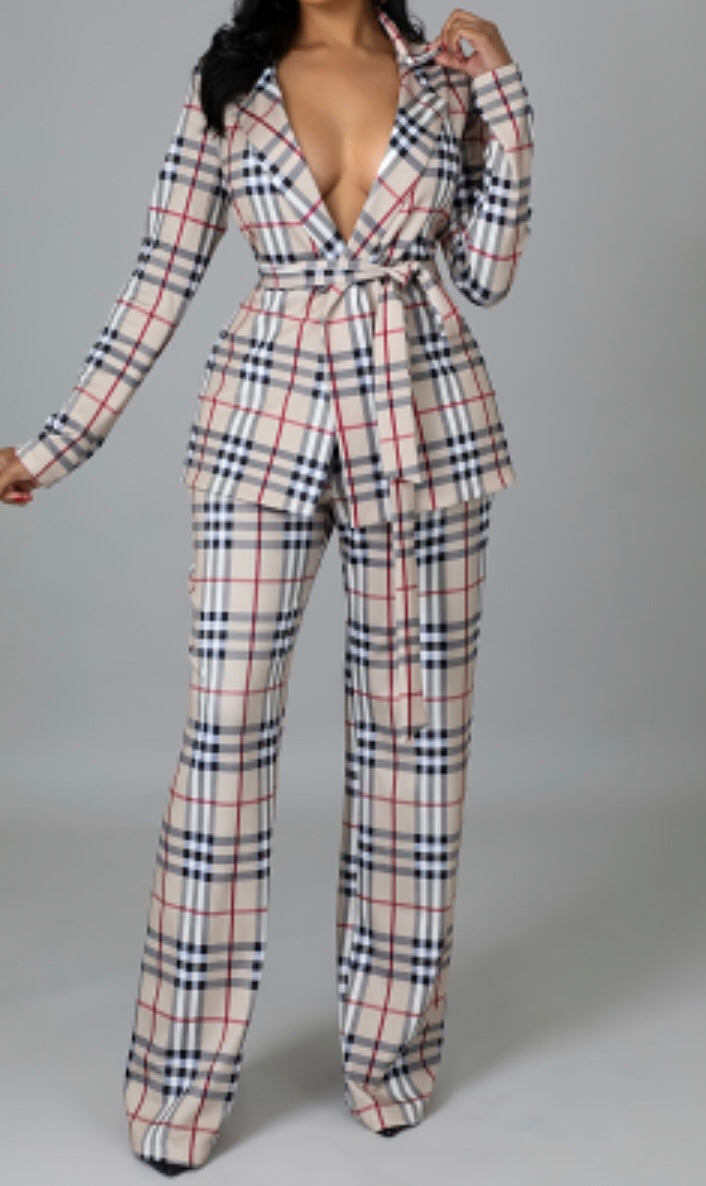 Plaid Beige Blazer & Pants Sets