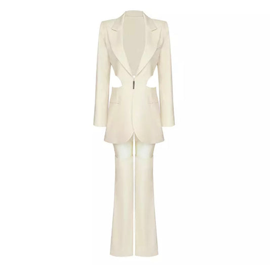 Cutout Beige Blazer & Pants Sets
