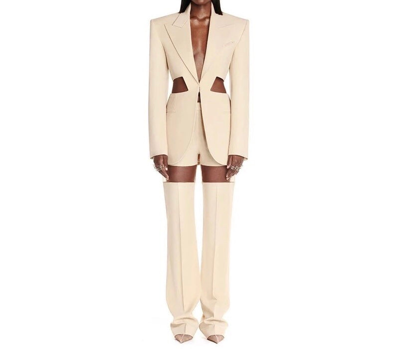 Cutout Beige Blazer & Pants Sets