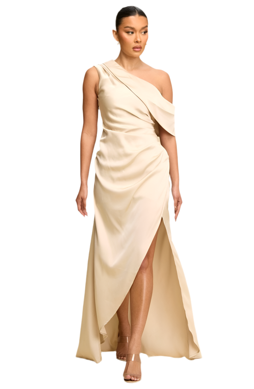 Satin Off Shoulder Split Dress