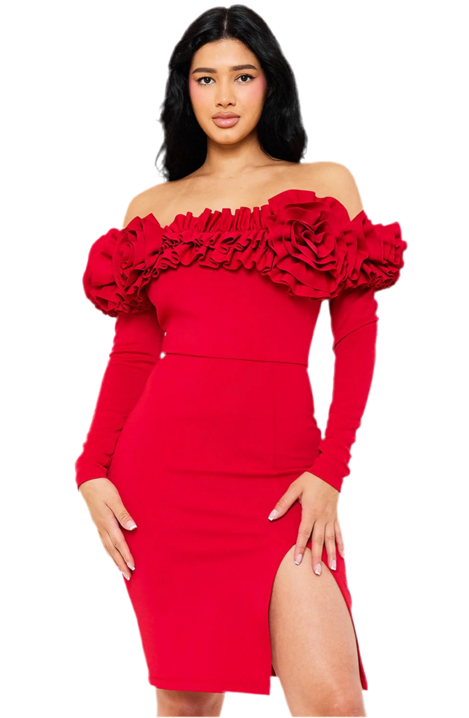 Red Off Shoulder Midi Dress