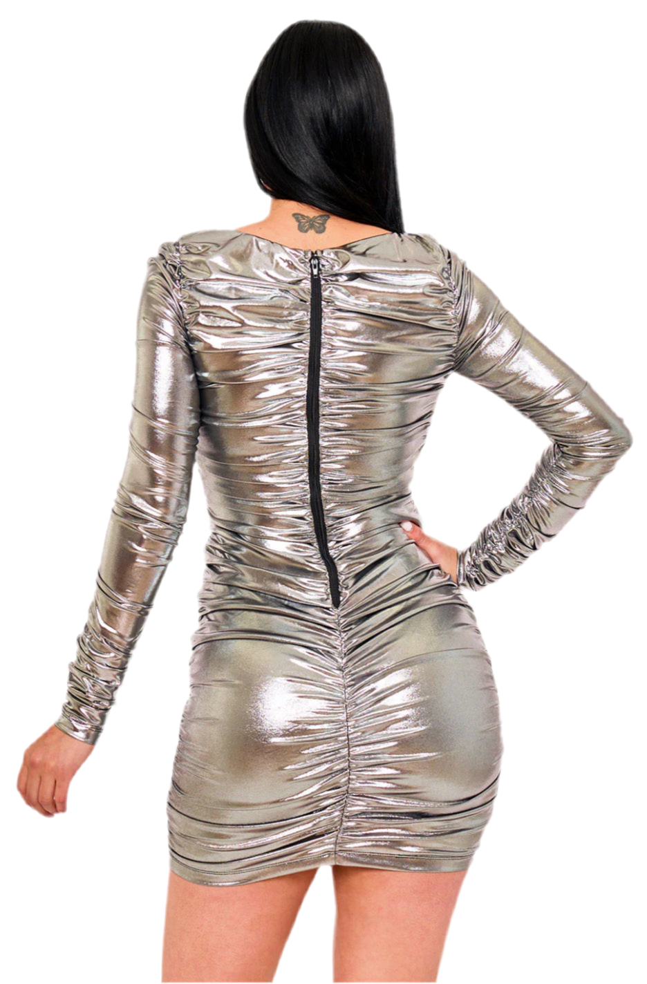 Metallic Ruched Silver Mini Dress