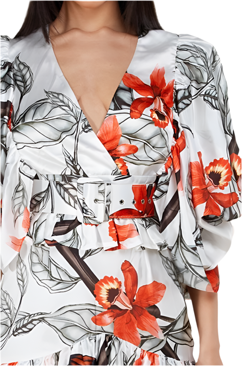 Floral Belted Puffy Mini Dress