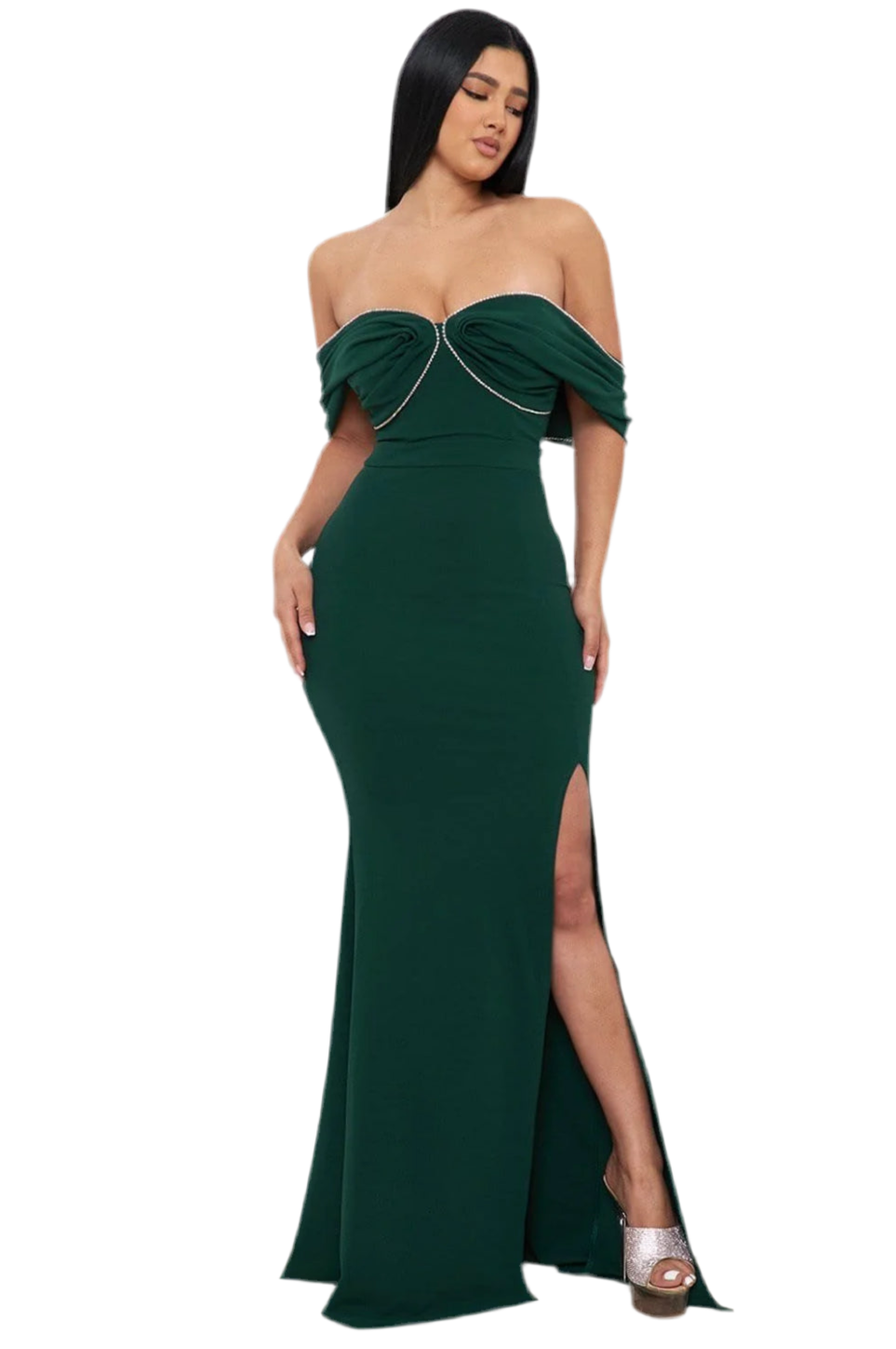 Off Shoulder Rhinestone Hunter Green Dress