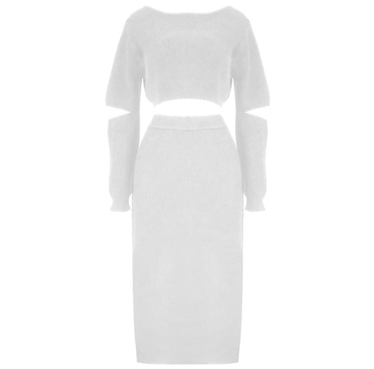 Cutout White Anna Knitwear Top & Skirt Sets