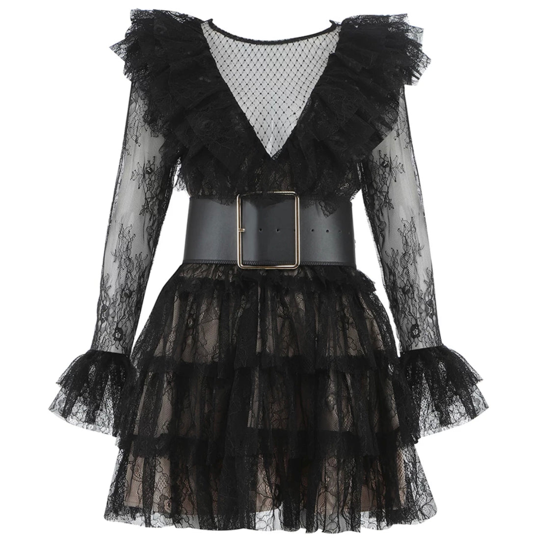 Mesh Ruffled High Waisted Belt Dress