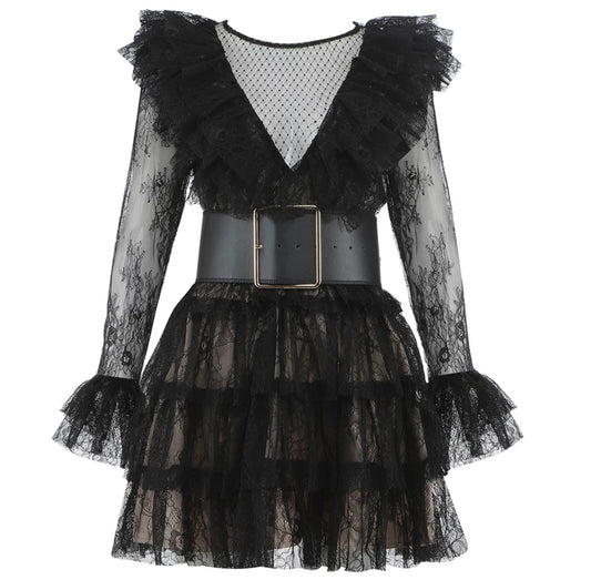 Mesh Ruffled High Waisted Belt Dress