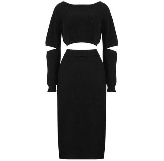 Cutout Black Anna Knitwear Top & Skirt Sets