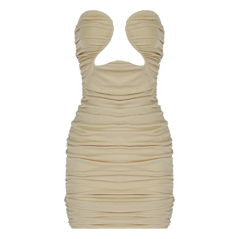 Mesh Cutout Beige Ruched Mini Dress