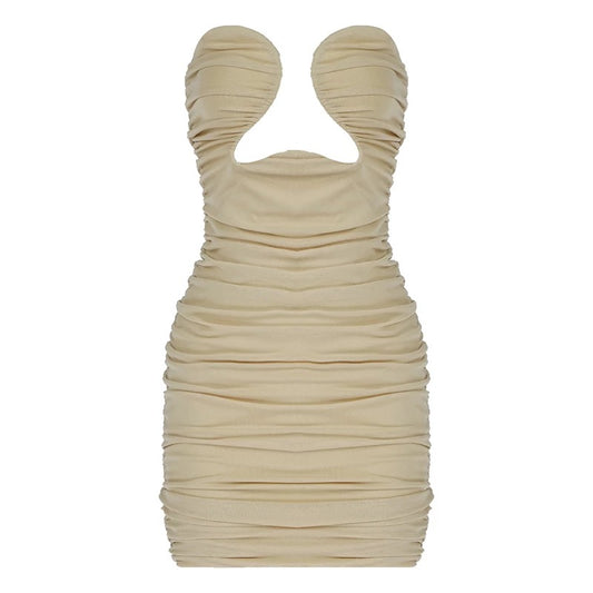 Mesh Cutout Beige Ruched Mini Dress