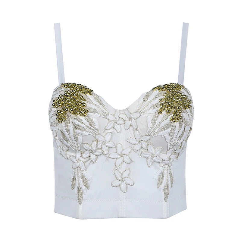 Embroidered Rhinestone White Bustier Crop Top