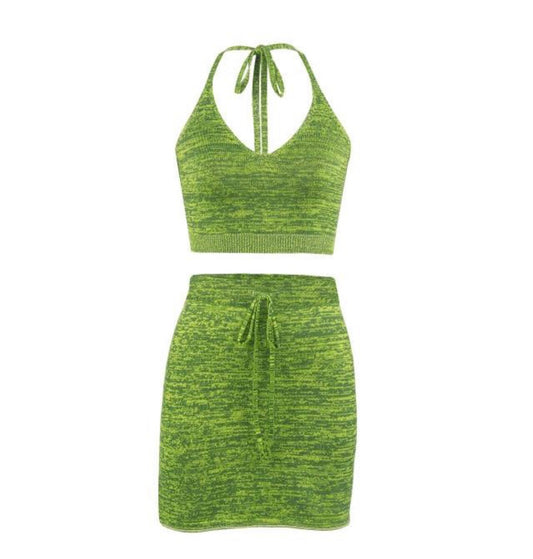 Green Knit Halter Crop Top And Skirt Sets