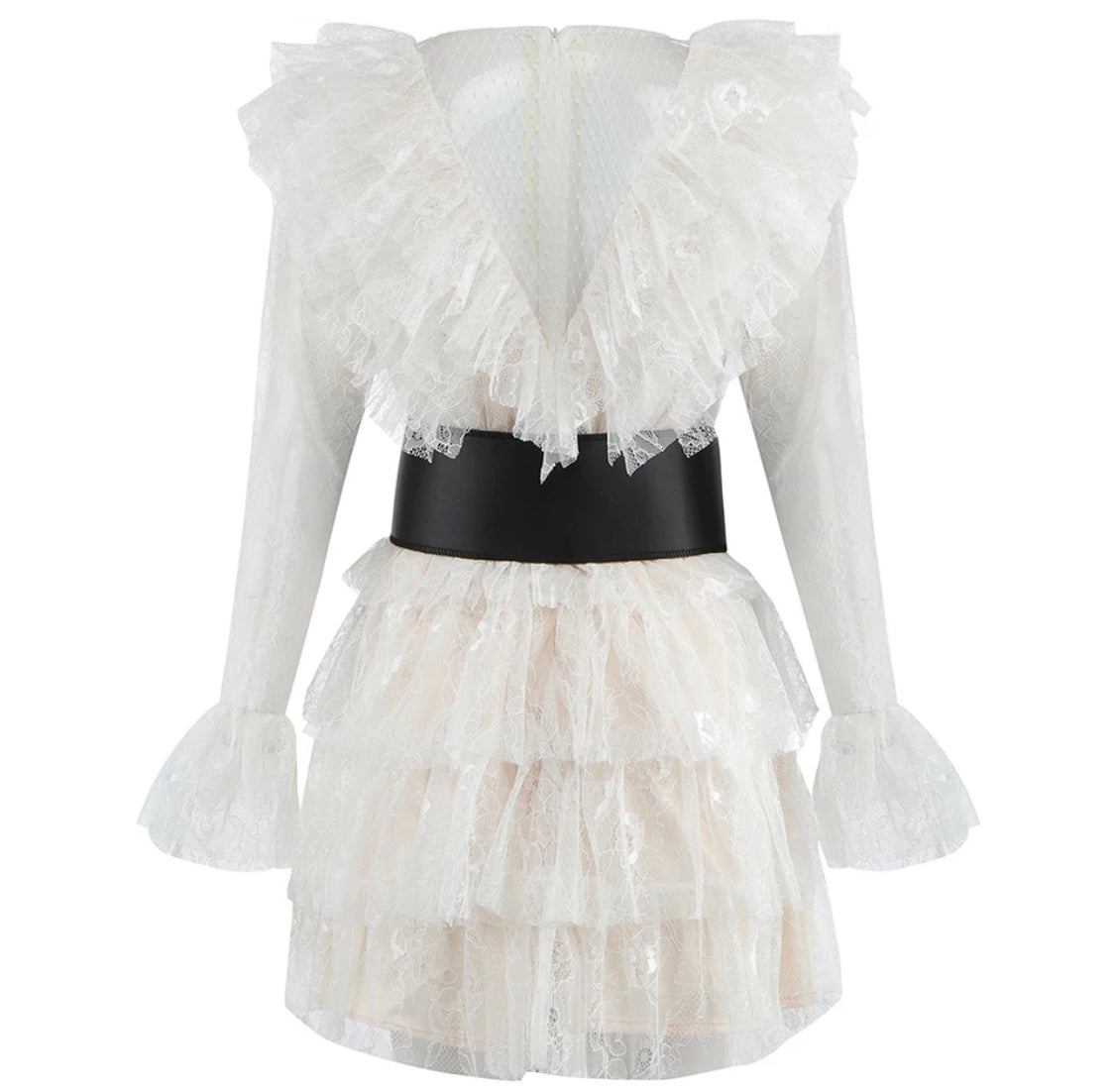 Mesh Ruffled High Waisted Belt Dress