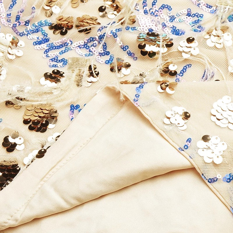 Beige Feathered Sequined Mini Dress