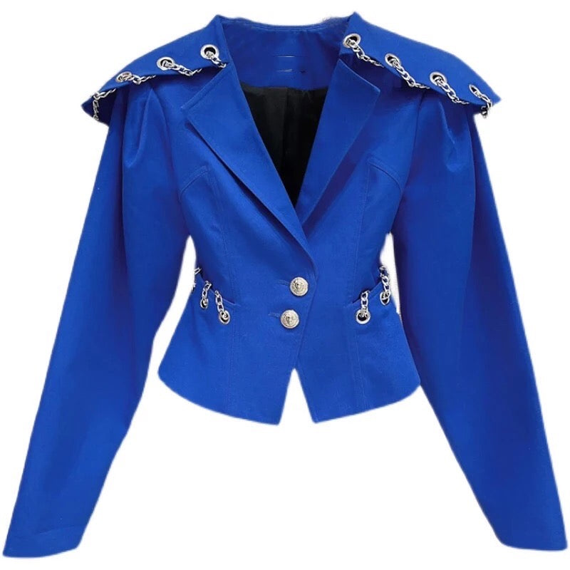 Miley Blue Crop Shawl Chain Blazer