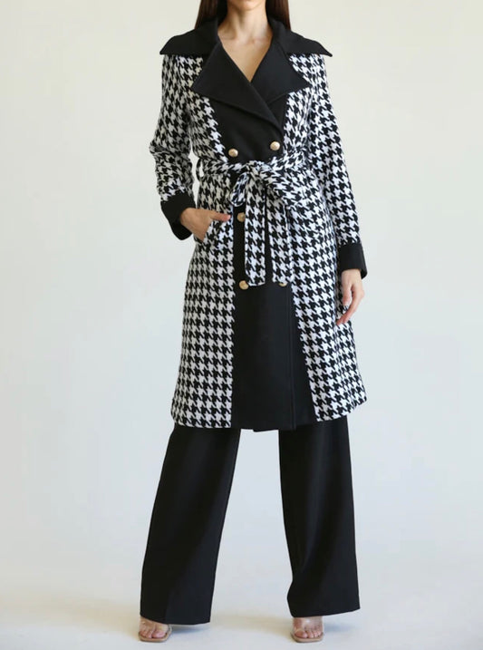 Houndstooth Patchwork Knit Woven Trench Coat