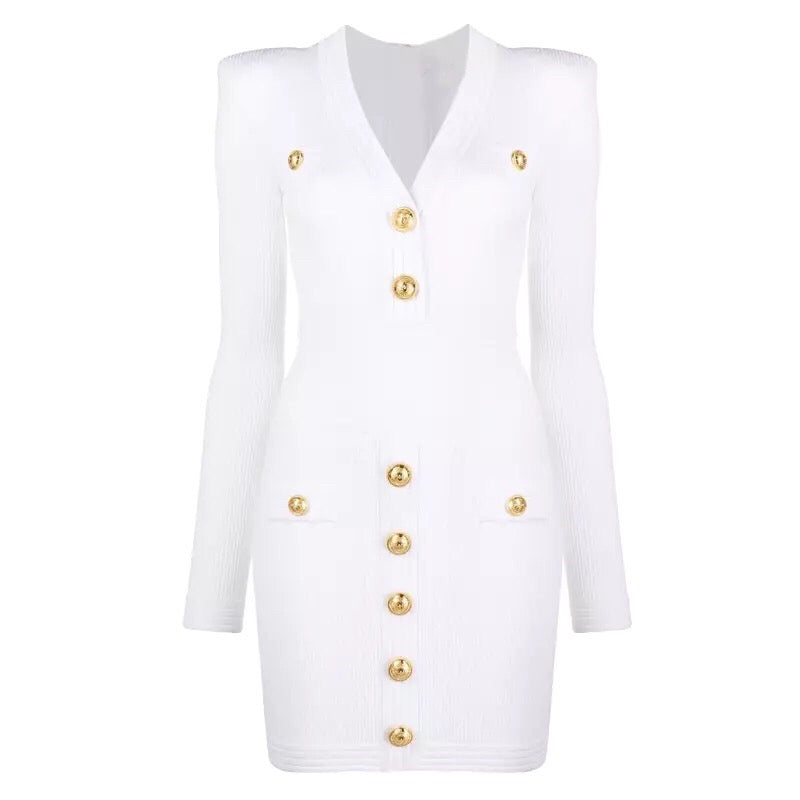 Ava White Knit Gold Buttons Dress