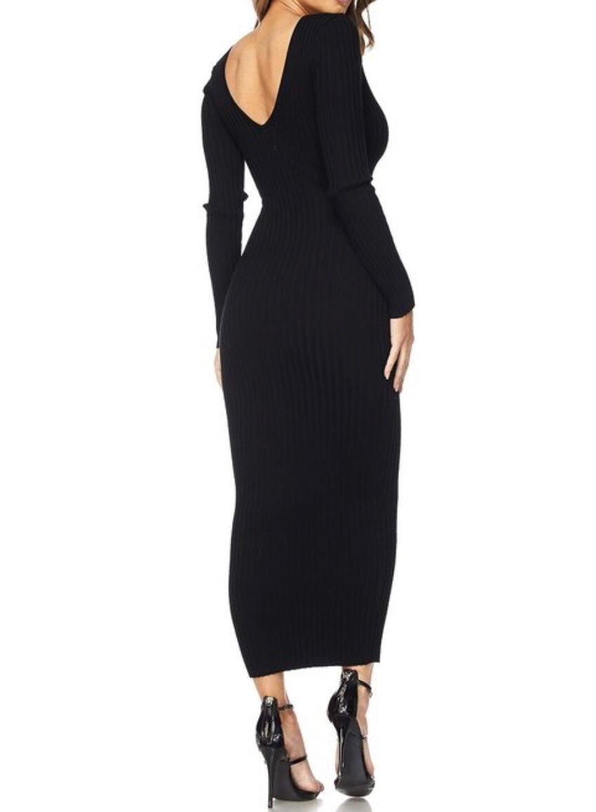 Ribbed Knit Black Long Sleeves Dress