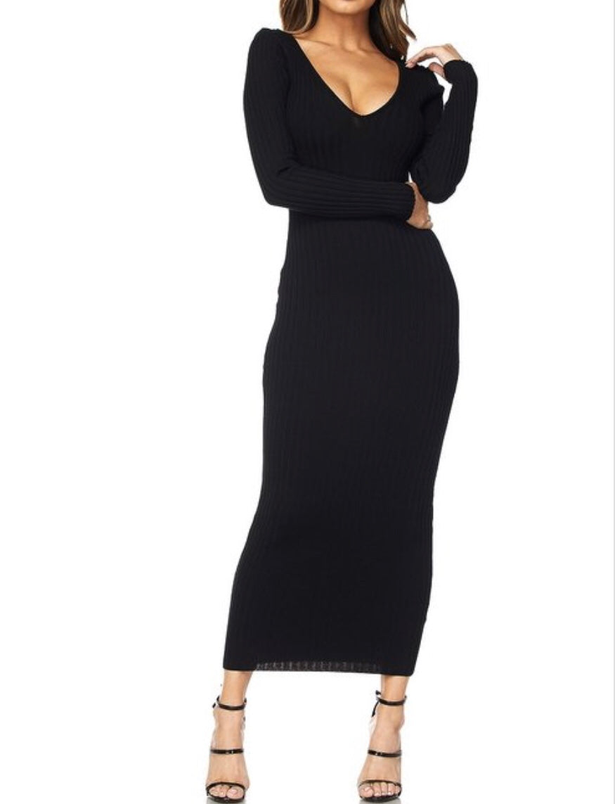 Ribbed Knit Black Long Sleeves Dress