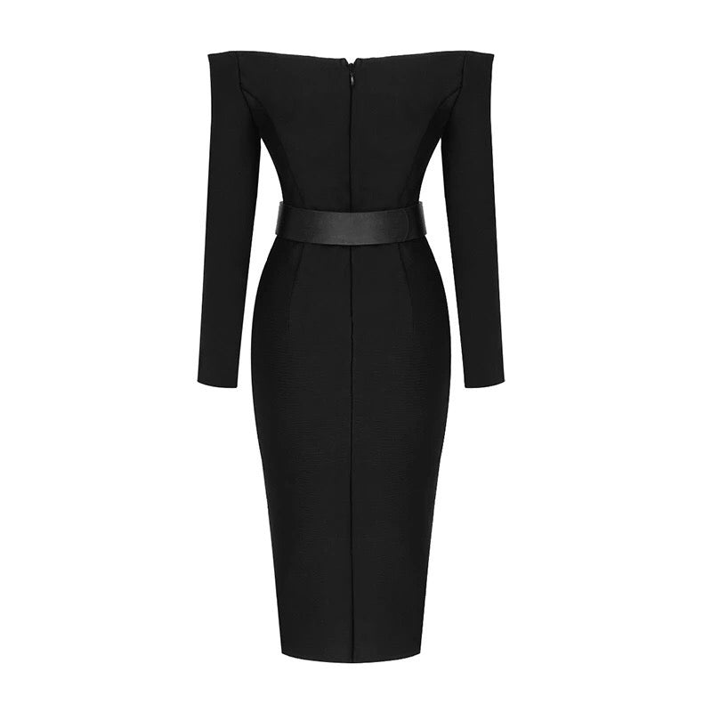 Black Off Shoulder Belted Dress
