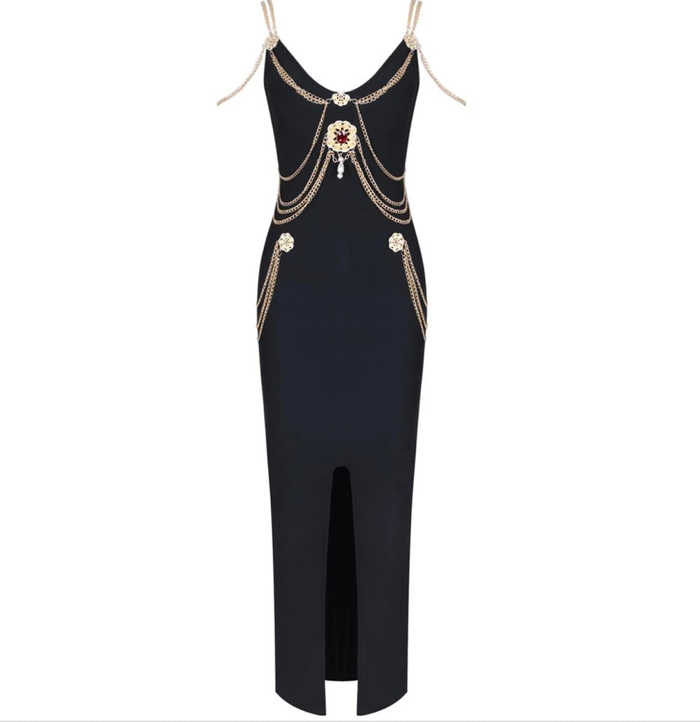 Split Gold Chain Black Dress MOCACI