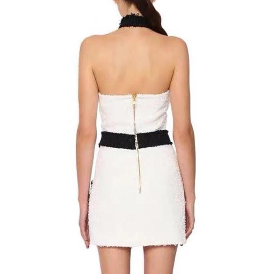 Tweed Black + White Halter Gold Buttons Mini Dress