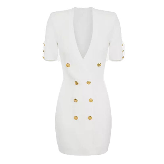 Rae Gold Buttons White Knitwear Dress