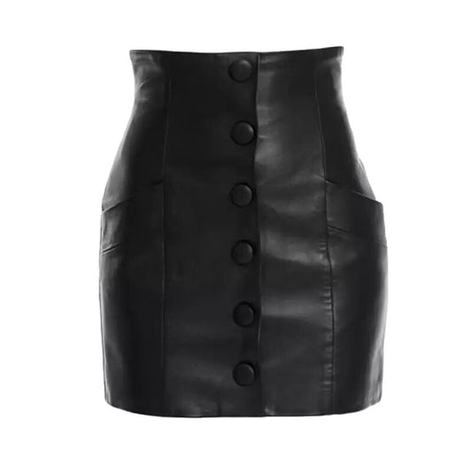 Black Buttons Vegan Leather Skirt
