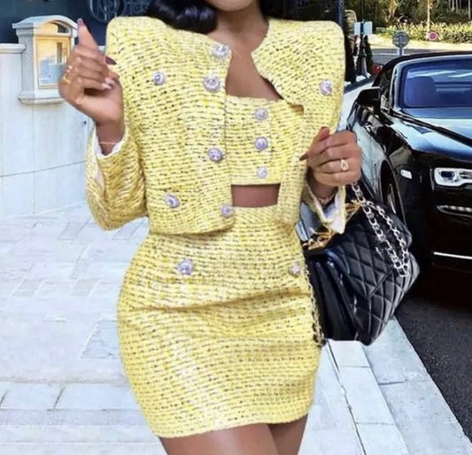 Tweed Crop Top & Jacket & Skirt Sets