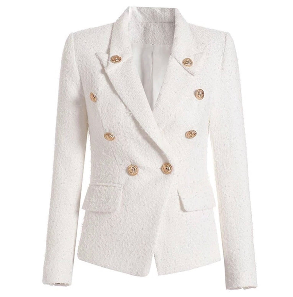 White Tweed Gold Buttons Blazer