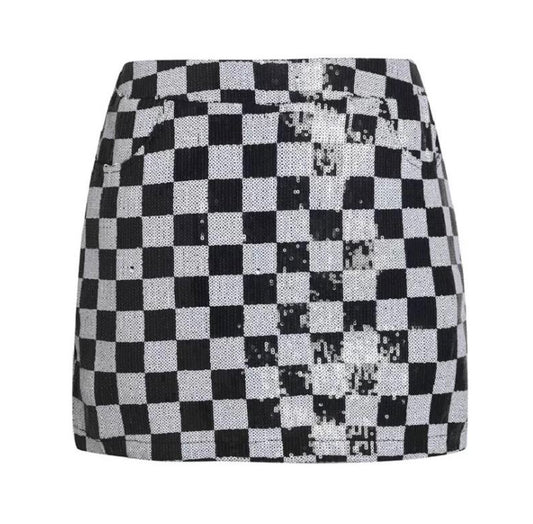 Grid Black & White Sequined Mini Skirt