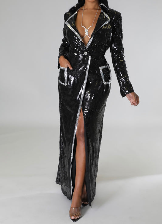 Glam Sequin Belted Coat Dress
